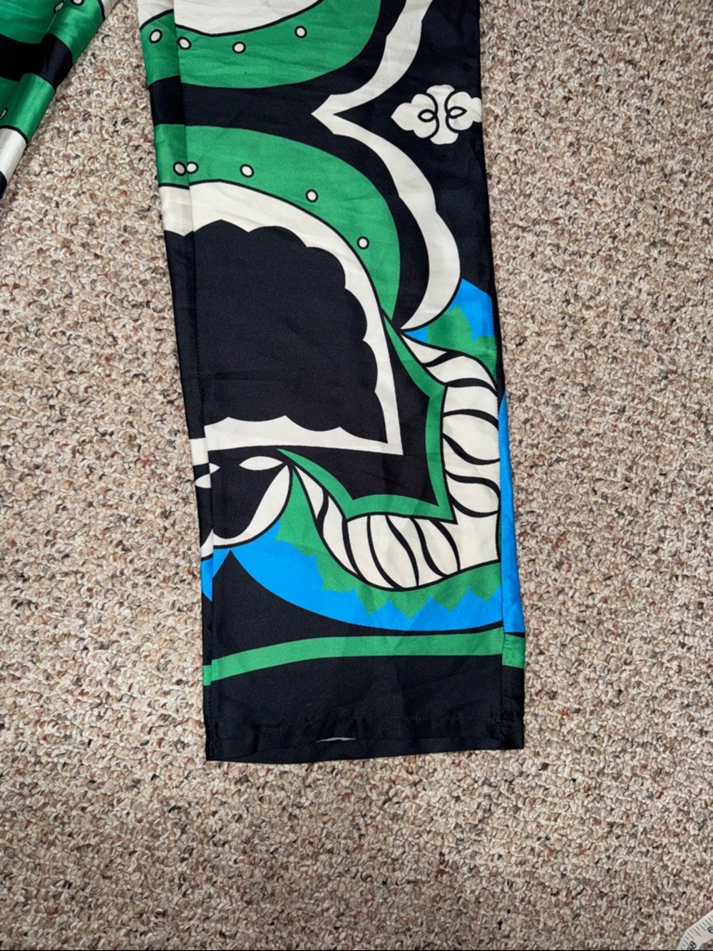 MICAS Bold Graphic Wide-Leg Silk Pants in Black, Green & Blue - Picture 4 of 7